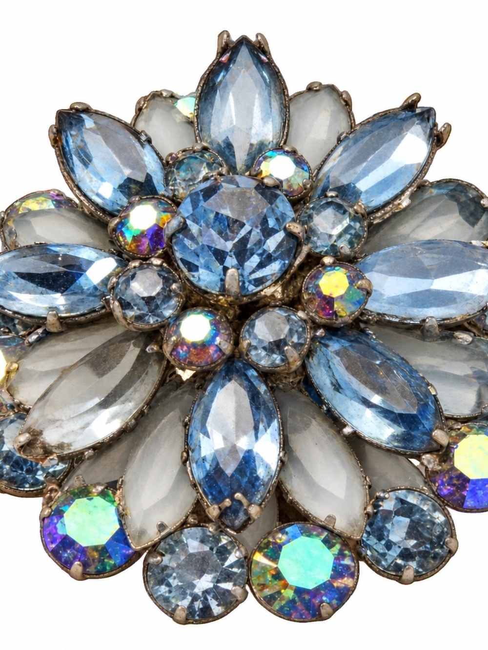 Vintage Blue Tiered Rhinestone Floral Brooch – 2¼"